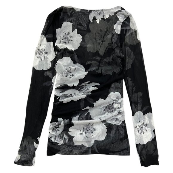 Vintage INC Floral‎ Faux Wrap Ruched Sheer Top Black Small Y2K Going Out - Picture 2 of 9